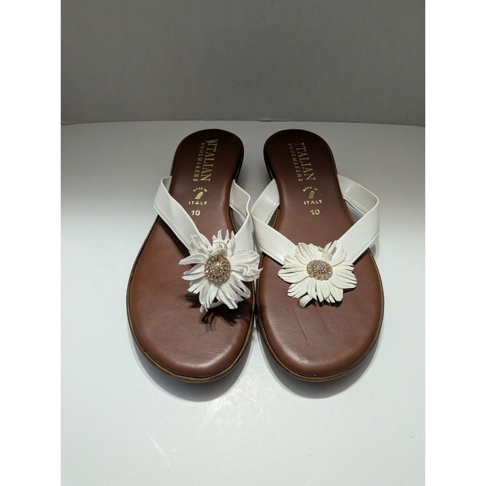Italian Shoemakers White Flower Rhinestone Thong Wedge Sandals Womens 10 Italy